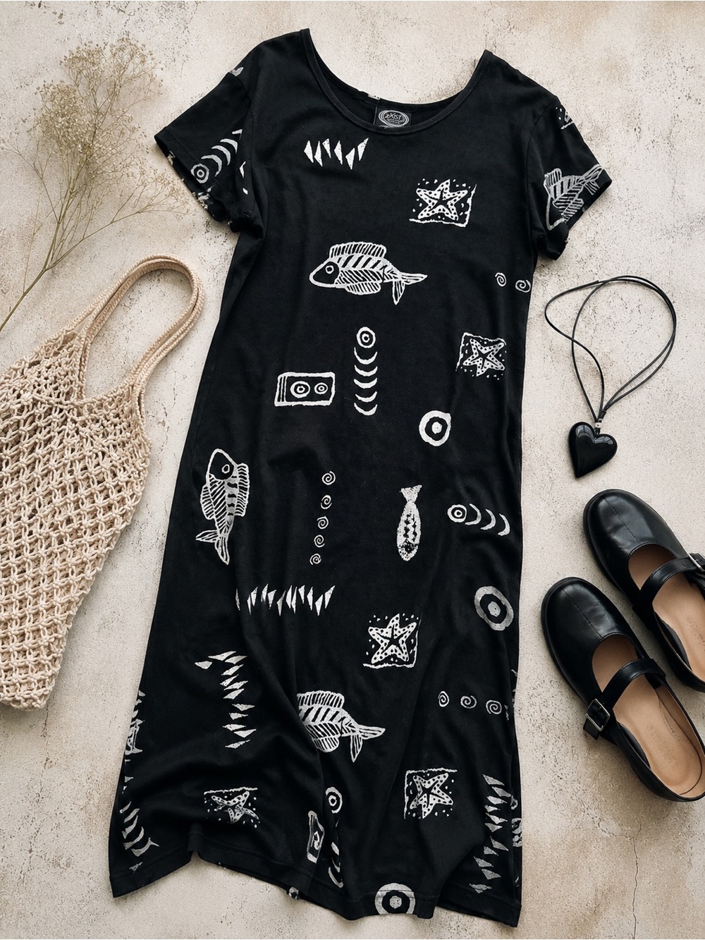 Vintage Fish Print Cotton Maxi Dress Black White Artsy Coastal Minimalist